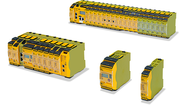 Modular small controllers PNOZmulti 2 in various sizes, extracted on a white background