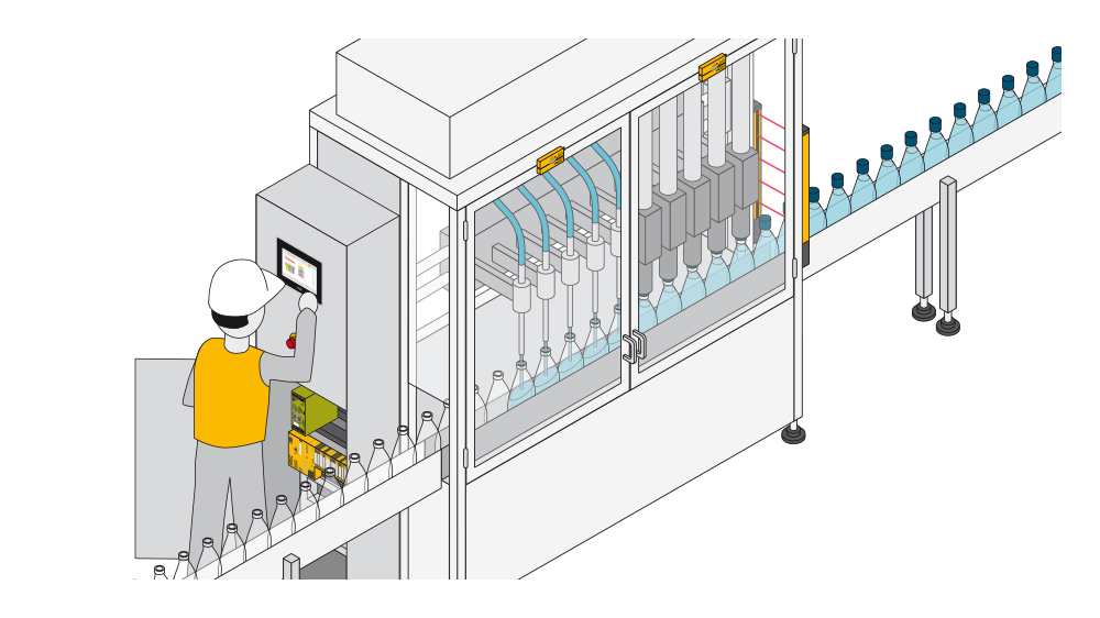 Illustration of an automated bottle-filling plant with safety gates and integrated safety technology to monitor access to the danger zone