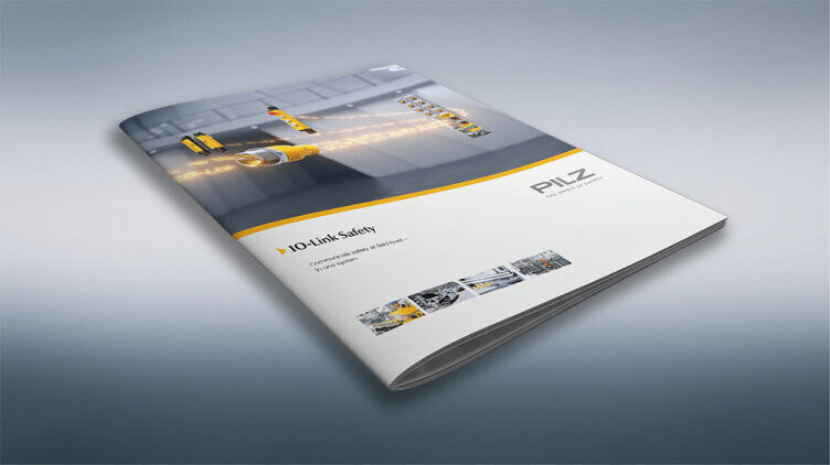 Cover of the IO-Link Safety flyer featuring Pilz components