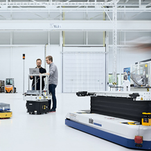 In cooperation with NAiSE GmbH, the expert for material flow automation, the automation company Pilz now offers the world's first traffic and order management software, for all participants in the combined operation of AGVS and human. (Photo: © ARENA2036/Corinna Spitzbarth)