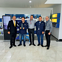 Luis Armando Urzúa (2nd from left) is the 10,000th graduate of the CMSE qualification, the Certified Machinery Safety Expert. Ottoniel Chavez (Sales Engineer at Pilz Mexico, far left) and Eduardo Arquieta (Director of Operations Jabil Guadalajara, centre), Daniel Larios (Automation Engineer Manager, 2nd from right) and Ricardo Pérez Barba (Operations Manager Guardalara, far right) congratulate. (Photo: © Pilz GmbH & Co. KG)